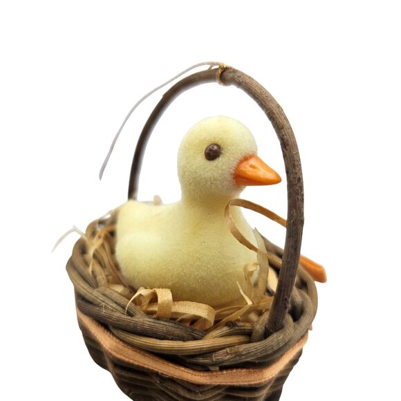 Avon Easter Yellow Duck Basket Ornament Wicker Basket Orange Ribbon Spring - Picture 3 of 6